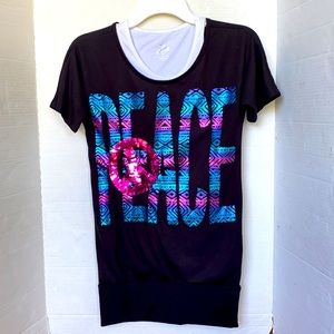 Justice Tunic Girls Size 12 Black Lined Short-Sleeve with Peace & Peace Sign